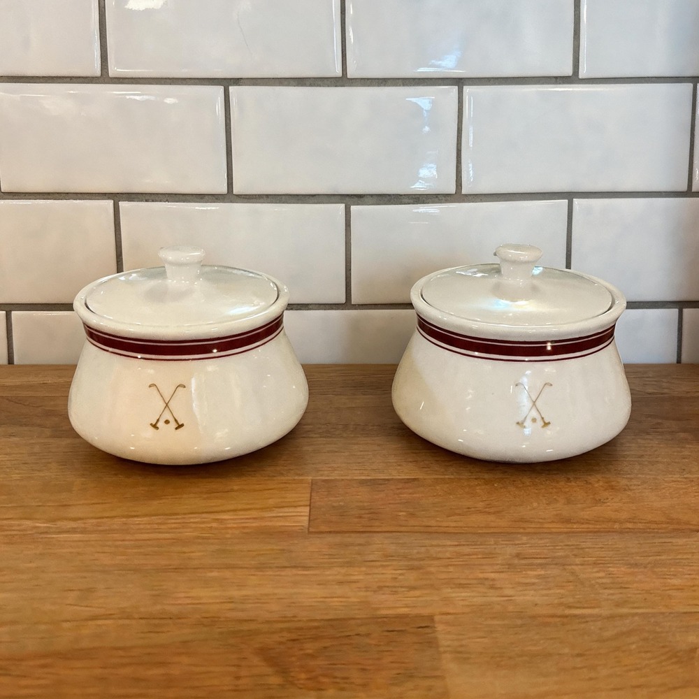 Sant' Andrea Royal Porcelain Vintage Golf Sugar Bowls Lidded Jars Set of 2 White
